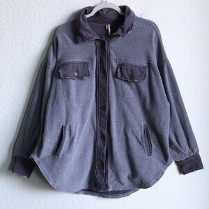 Free People Ruby Fleece Button Front Shirt Jacket Grey Purple Distressed